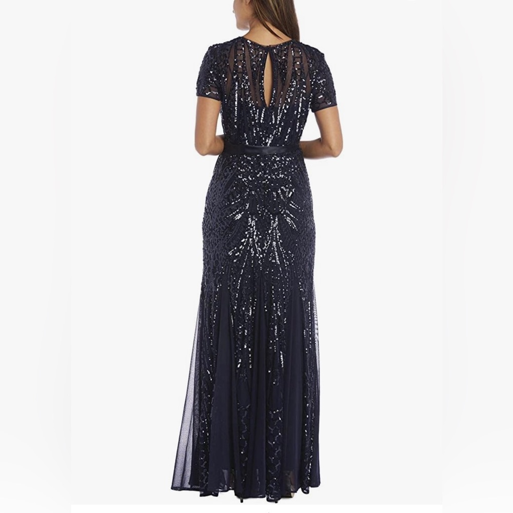 R&M Richards Navy Blue Sequin short sleeve Gown Dress size 14